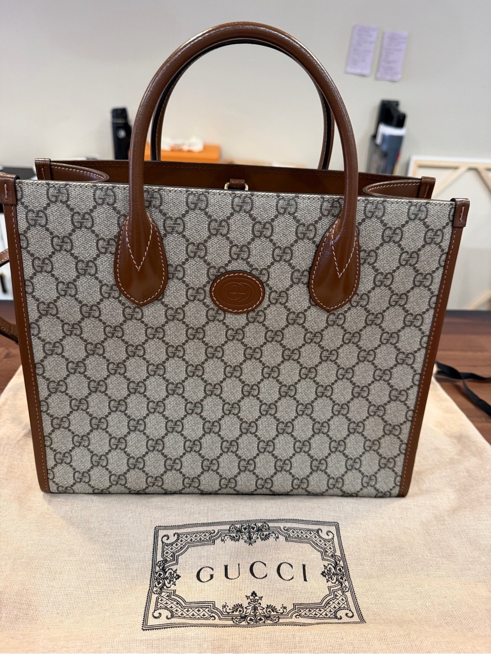 Gucci Brown GG Supreme Canvas Tote with Leather Trim